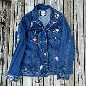 Distressed Jean Jacket with Floral Embroidery